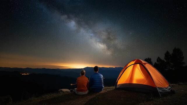 Two people sit beside an orange tent on a hilltop, gazing at the Milky Way under a starry night sky.