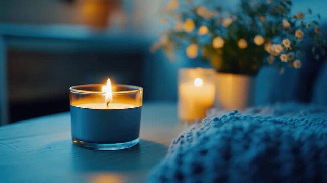 A warm and cozy scene with a lit candle on a wooden table, perfect for home decor or special occasions