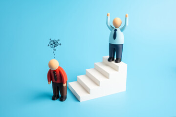 The red employee retreats while the blue one rejoices in victory, having achieved success. Winning the competition, completely defeating the opponent.