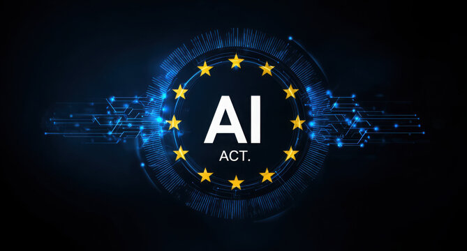 European Union AI Act hologram concept with glowing digital circuit background and EU stars around futuristic interface globe symbolizing regulation. 3D Rendering