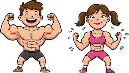 children, fitness, muscles, strength, exercise, sport, workout, activity, cartoon, illustration, vector, design, creative, element, lifestyle, health, determination, energy, power, concept