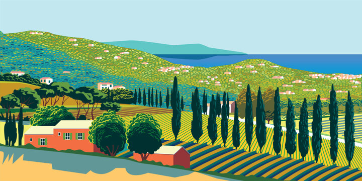 Romantic Mediterranean rural landscape in sunny day with vineyards, farms, meadows, fields, cypresses and trees and sea in the background. Handmade drawing vector illustration. Flat design.