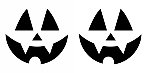 Face design for festive pumpkins. Set of evil face, pumpkin face, ghost. Symbols of the holiday. Set of Halloween scary pumpkins cut. Black silhouette signs set. Jack face. Spooky creepy pumpkins cut.