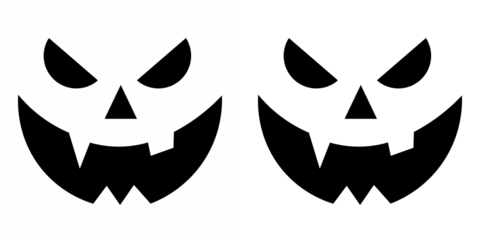 Creepy evil ghost heads with angry eyes and spooky mouth. Face design for festive pumpkins. Spooky creepy pumpkins cut. Set of creepy, scary emotions, emojis for Halloween. Black silhouette signs set.