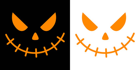 Halloween face silhouette sticker Scary halloween pumpkins icon set Scary and funny pumpkin. Evil faces Halloween png set. Vector collection of orange pumpkin face silhouettes on black background.
