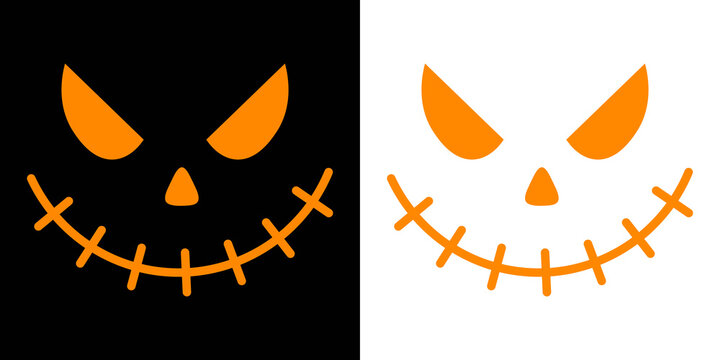 Halloween face silhouette sticker Scary halloween pumpkins icon set Scary and funny pumpkin. Evil faces Halloween png set. Vector collection of orange pumpkin face silhouettes on black background.