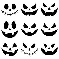 Conjunto de caras calabazas sobre fondo blanco - Símbolo principal de Halloween. Face design for festive pumpkins. Vector illustration
Set of creepy, scary emotions, emojis for Halloween. Jack face.