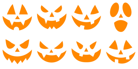 Set of Halloween scary pumpkins cut. Spooky faces icons. Evil faces Halloween png set. Cutting stencils and templates for Halloween, stickers, printing and digital design. Spooky creepy pumpkins cut.