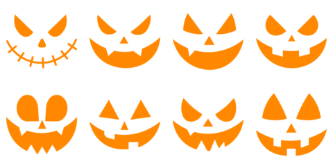 Cutting stencils and templates for Halloween, stickers, printing and digital design. Vector set of scary pumpkin faces. Spooky faces icons. Spooky creepy pumpkins cut. Evil faces Halloween png set.