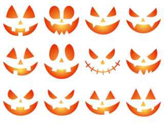An evil smile. Set of creepy, scary emotions, emojis for Halloween. Set of Halloween scary pumpkins cut. Halloween Pumpkin smileys icon background set. Scary Monster Faces Set. Symbols of the holiday.