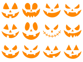 Evil faces Halloween png set. Spooky faces icons. Set of Halloween scary pumpkins cut. Cutting stencils and templates for Halloween, stickers, printing and digital design. Spooky creepy pumpkins cut.