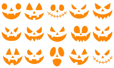 Halloween face silhouette sticker Scary halloween pumpkins icon set Scary and funny pumpkin. Cutting stencils and templates for Halloween, stickers, printing and digital design. Spooky faces icons.