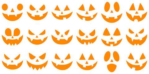 Cutting stencils and templates for Halloween, stickers, printing and digital design. Vector set of scary pumpkin faces. Evil faces Halloween png set. Spooky creepy pumpkins cut. Spooky faces icons.