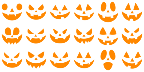 Cutting stencils and templates for Halloween, stickers, printing and digital design. Vector set of scary pumpkin faces. Evil faces Halloween png set. Spooky creepy pumpkins cut. Spooky faces icons.