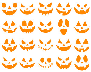 Halloween face silhouette sticker Scary halloween pumpkins icon set Scary and funny pumpkin. Cutting stencils and templates for Halloween, stickers, printing and digital design. Spooky faces icons.