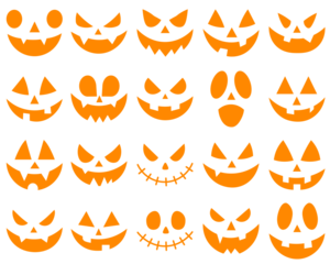 Halloween face silhouette sticker Scary halloween pumpkins icon set Scary and funny pumpkin. Cutting stencils and templates for Halloween, stickers, printing and digital design. Spooky faces icons.