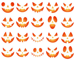 Set of creepy, scary emotions, emojis for Halloween. Set of Halloween scary pumpkins cut. Simple Creepy Horror. halloween smiley faces. Scary Monster Faces Set. An evil smile. Symbols of the holiday.
