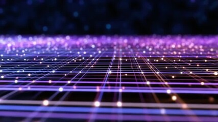 A neon purple grid stretching toward the horizon, with glowing points along the lines, a retro-futuristic digital landscape. - Powered by Adobe