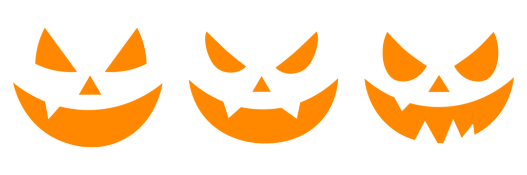 Vector set of scary pumpkin faces. Evil faces Halloween png set. Spooky faces icons. Cutting stencils and templates for Halloween, stickers, printing and digital design. Spooky creepy pumpkins cut.