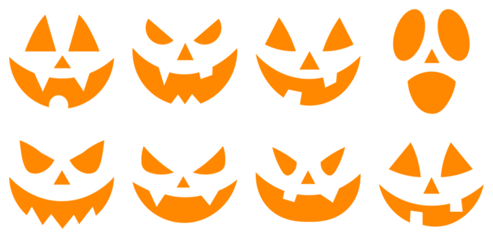 Set of Halloween scary pumpkins cut. Spooky faces icons. Evil faces Halloween png set. Cutting stencils and templates for Halloween, stickers, printing and digital design. Spooky creepy pumpkins cut.