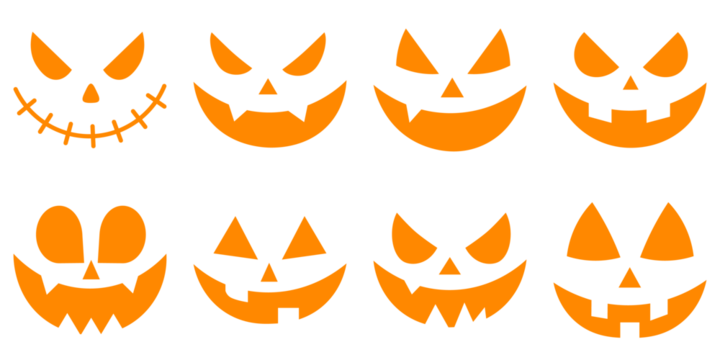 Cutting stencils and templates for Halloween, stickers, printing and digital design. Vector set of scary pumpkin faces. Spooky faces icons. Spooky creepy pumpkins cut. Evil faces Halloween png set.