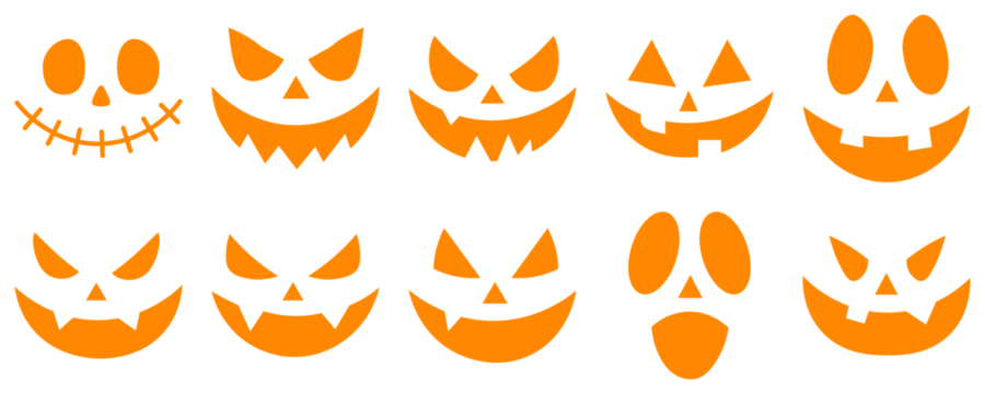 Evil faces Halloween png set. Set of Halloween scary pumpkins cut. Spooky faces icons. Cutting stencils and templates for Halloween, stickers, printing and digital design. Spooky creepy pumpkins cut.