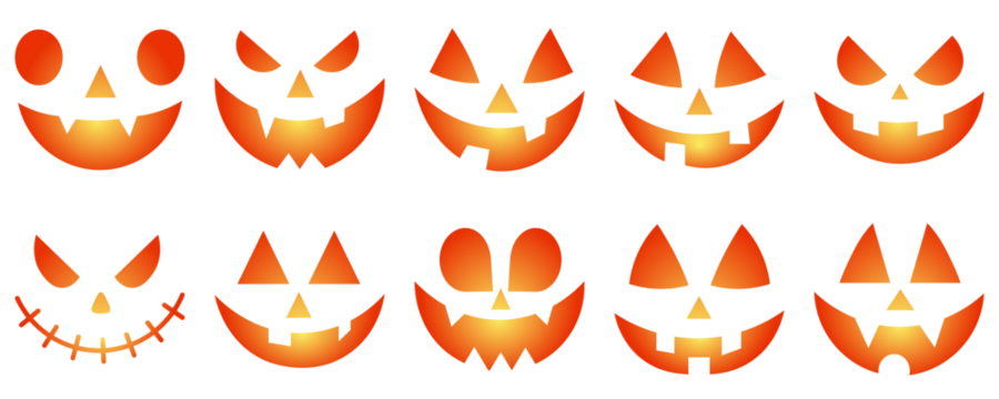 halloween smiley faces. Scary Monster Faces Set. An evil smile. Halloween Pumpkin smileys icon background set. Set of Halloween scary pumpkins cut. Set of creepy, scary emotions, emojis for Halloween.