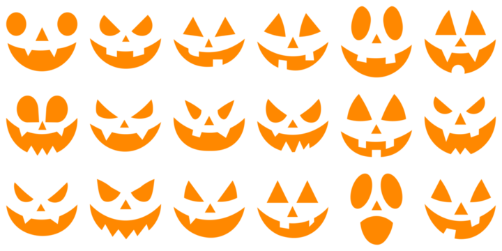 Cutting stencils and templates for Halloween, stickers, printing and digital design. Vector set of scary pumpkin faces. Evil faces Halloween png set. Spooky creepy pumpkins cut. Spooky faces icons.