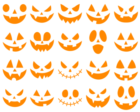 Halloween face silhouette sticker Scary halloween pumpkins icon set Scary and funny pumpkin. Cutting stencils and templates for Halloween, stickers, printing and digital design. Spooky faces icons.