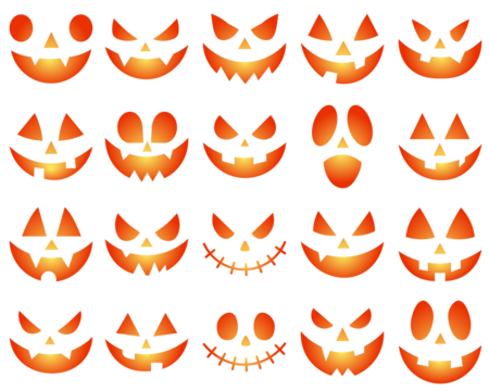 Set of creepy, scary emotions, emojis for Halloween. Set of Halloween scary pumpkins cut. Simple Creepy Horror. halloween smiley faces. Scary Monster Faces Set. An evil smile. Symbols of the holiday.