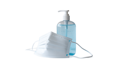 Sanitizer bottle and mask arranged for protection.