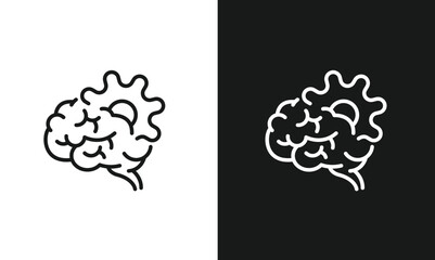 Brain with Gear Icon, Minimalist Line Art of Human Mind and Cogwheel, Modern Vector Graphic Symbolizing Thinking Process, Innovation, Problem Solving, and Intelligence, Black and White Versions.
