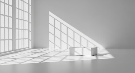 Minimalist white cube on a white floor with window light isolated on transparent background