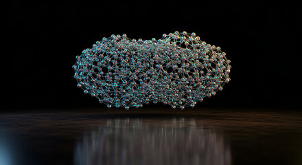 A captivating abstract render displays a dense, floating cluster of metallic spheres, reflecting on a dark surface, symbolizing intricate scientific concepts.