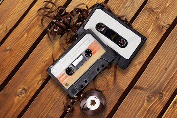 retro and old tape audio cassette on desk