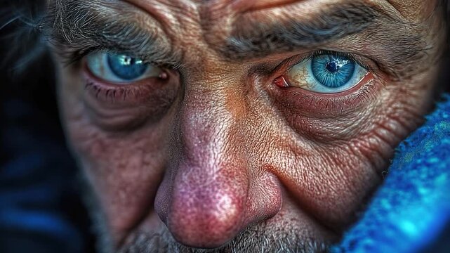 A close-up shot of a person's face with striking blue eyes