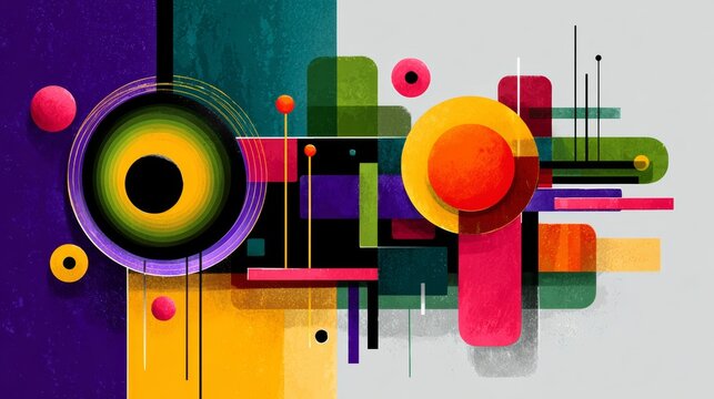 Colorful abstract painting with a large circle in the middle. The circle is surrounded by smaller circles and squares. The painting has a vibrant and energetic feel to it