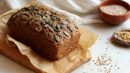 A loaf of bread with pumpkin seeds on parchment paper next to bowls of grains and scattered seeds