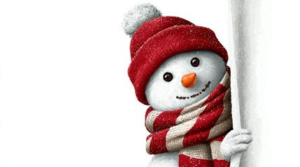 Snowman with a red hat and scarf is holding a pole. The image has a festive and cheerful mood, as it is a winter scene with a snowman