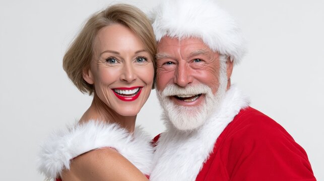 Man and a woman are posing for a picture in Santa Claus attire. The man is wearing a red hat and the woman is wearing a red dress. They both have big smiles on their faces - Powered by Adobe