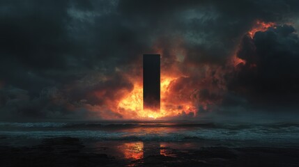 A dark monolith stands tall amid fiery ocean, turbulent skies above the sea