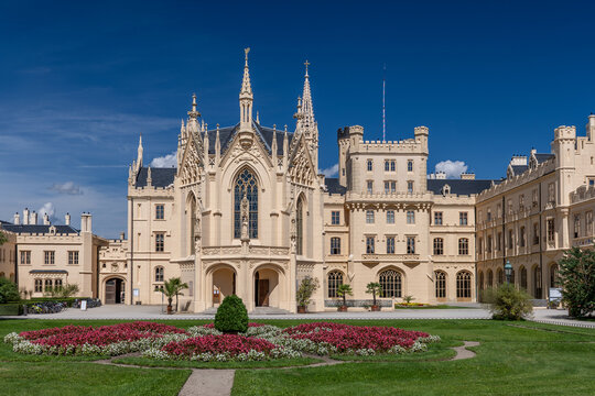 View of Lednice castle with monumental park in South Moravia, Czech Republic.