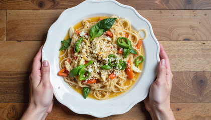 Woman holding a plate of delicious spaghetti with fresh basil and vegetables, a flavorful traditional Italian dish for dinner.