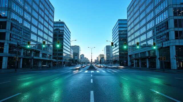 Modern Cityscape at Dusk Featuring Rows of Sleek Glass Office Buildings with Reflective Facades Under a Clear Blue Sky with Traffic Lights Changing