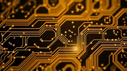 Abstract circuit board with golden patterns, illustrating modern technology.