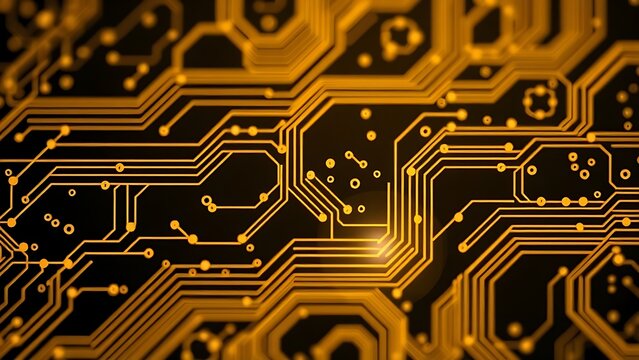 Abstract circuit board with golden patterns, illustrating modern technology.