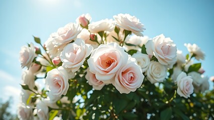 Close-up of white bush roses in full bloom against a soft blue sky, embodying spring garden beauty.