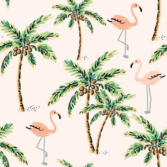 Tropical pink flamingo, coconut palm trees, blush background. Seamless pattern. Vector illustration. Exotic plants and birds. Summer beach design. Paradise nature © ojardin