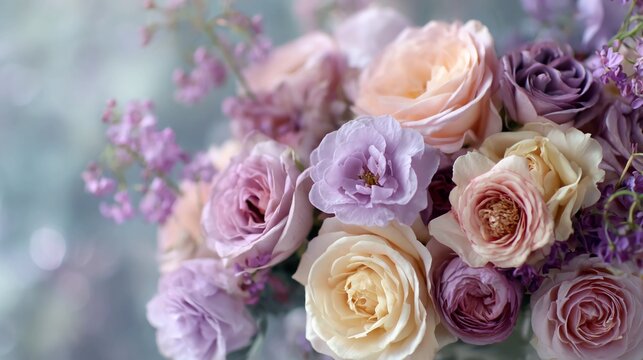 Pastel floral arrangement featuring roses and other flowers soft focus perfect for wedding invitations or romantic backgrounds