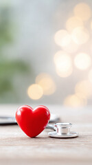 heart on a table with stethoscope and bokeh background